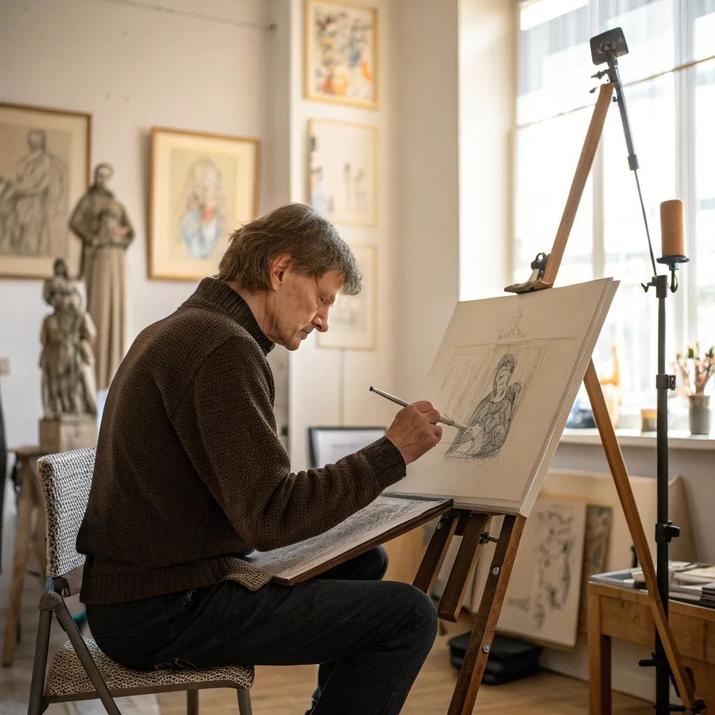 An artist sketching at a studio